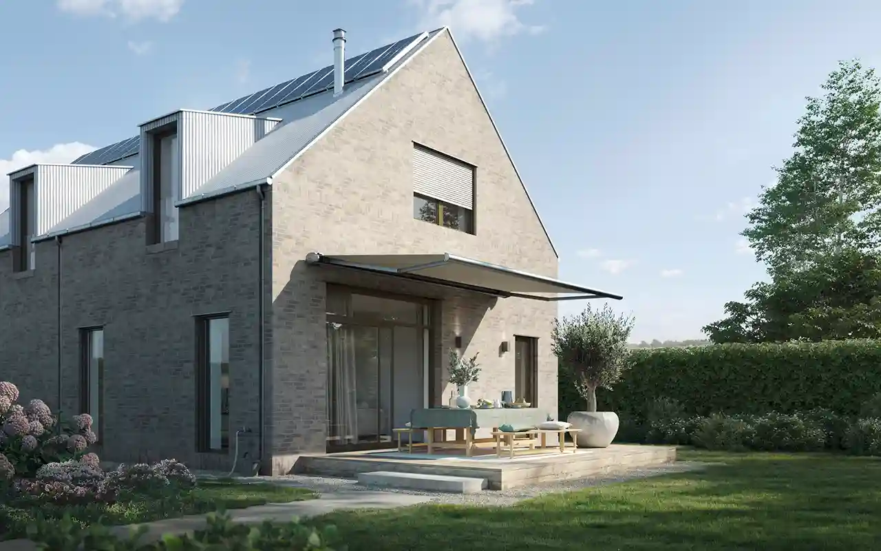 Beige Pergola Markise an der Fassade befestigt