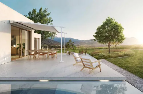 Beige Pergola Markise an der Hausfassade